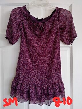 Girls' Purple Floral Ruffle Hem Casual Dress
